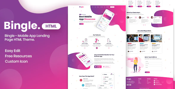 Bingle – Mobile App Landing Page Free HTML Template Download