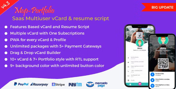 Mop v4.6 (Updated) – SaaS vCard Portfolio Resume Digital Business card Php Script Download