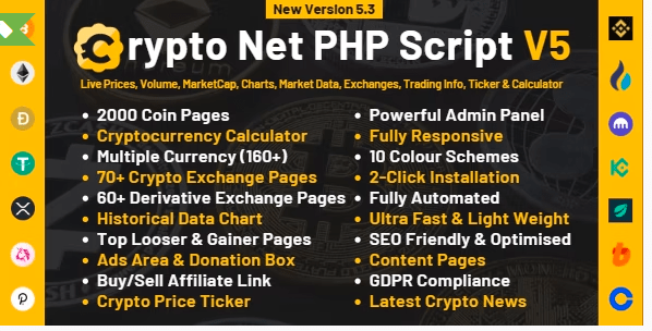 Crypto Net CoinMarketCap, Prices, Chart, Exchanges, Crypto Tracker, Calculator & Ticker PHP Script