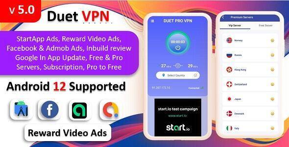 Duet Pro VPN App v6.0 – Secure VPN App & Fast VPN | Subscription | StartApp Ads | Facebook & Admob Ads