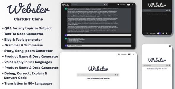 Webster v1.0 – ChatGPT Clone Text to Code Q&A Blog Generator Grammar Summarise Translate SEO Page Builder Download