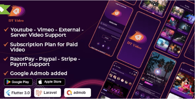 DTVideo v3.0.1 – Flutter Multipurpose All In One Videos App ( Android + ios) Admin panel