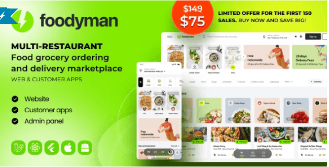 Foodyman v2024-102 – Multi-Restaurant Food and Grocery