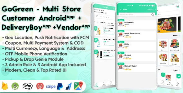 GoGreen v1.9 – Food, Grocery, Pharmacy Multi Store(Vendor) Android App with Interactive Admin Panel